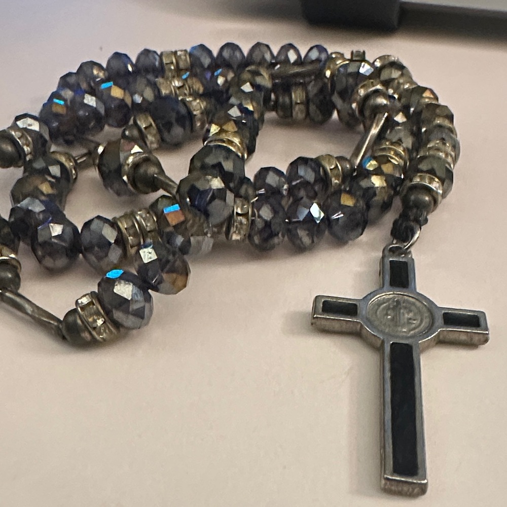 Faceted Crystal Rosary Necklace with Black Inlay Cross